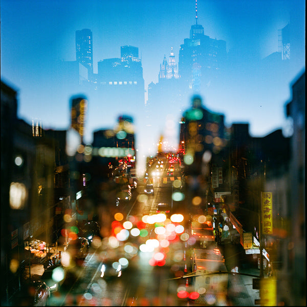 Double exposure photograph of New York City street titled, Just Right, 2022, uses bokeh