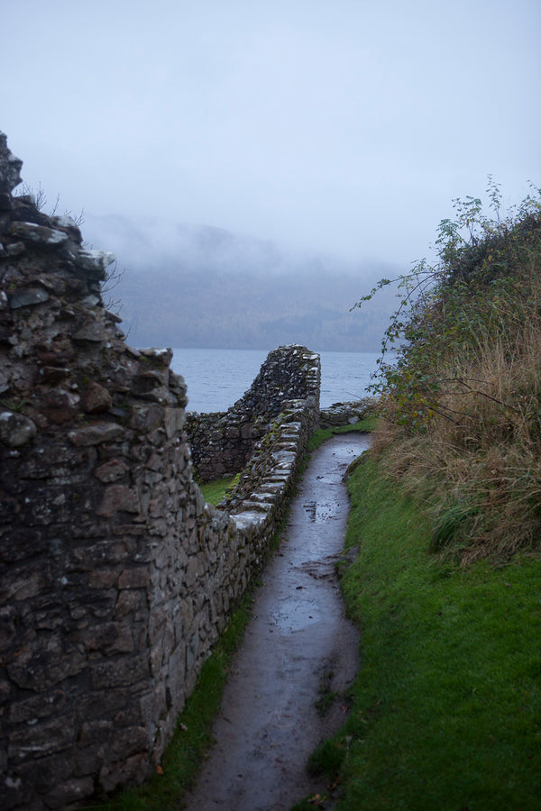 Scottish castle pathway on foggy day, Urquhart Castle